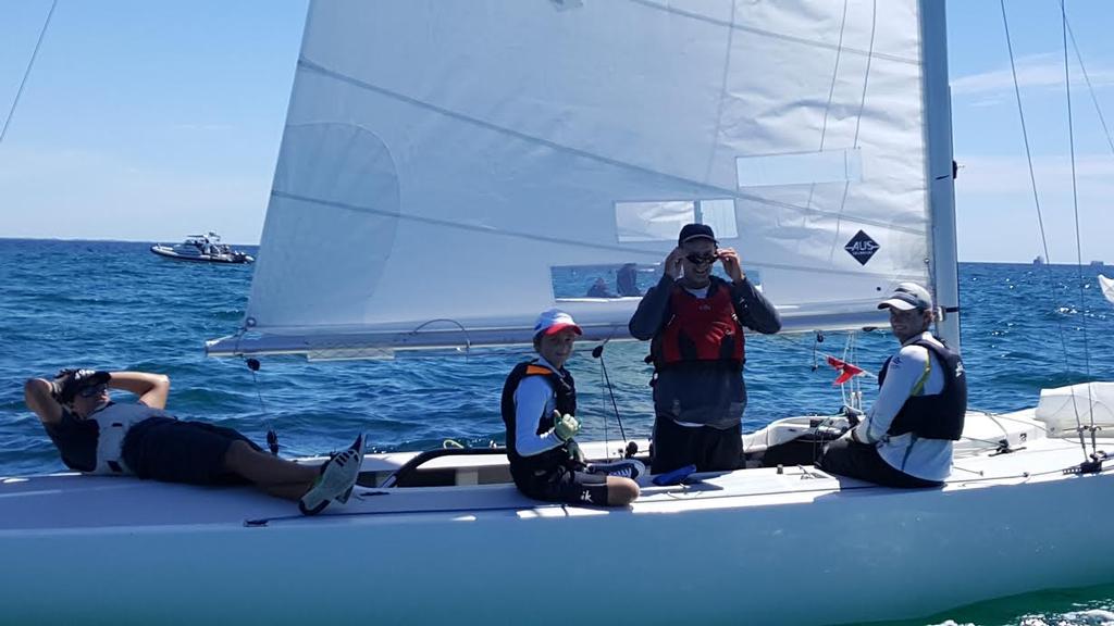 AUS 1374 St John's Dance (L-R) David Gilmour, Will Drew, Ray Smith and Joel Smith resting between Races Day 1 11 March - 2017 International Etchells WA State Championships  © Mandy McEvoy